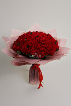 Yapay 101li Veloura Luxe Gül Sevgili Özel Gün İsteme Kırmızı Gül Buketi - Yapay Çiçek Deposu