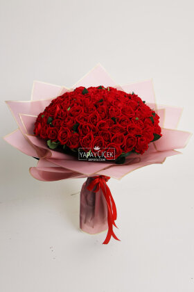 Yapay 101li Veloura Luxe Gül Sevgili Özel Gün İsteme Kırmızı Gül Buketi - Yapay Çiçek Deposu