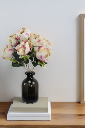 Yapay çiçek 7li Salaş Şakayık Gül Demeti Krem - Lila 45 cm - Yapay Çiçek Deposu