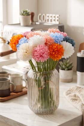 Yapay Çiçek Top Krizantem 7li Mini Kartopu Demeti 30 cm Gökkuşağı - Yapay Çiçek Deposu