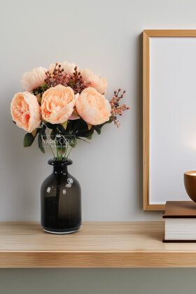 Yapay Çiçek 9lu Garnitürlü Şakayık Gül Demeti 40 cm Somon - Yapay Çiçek Deposu