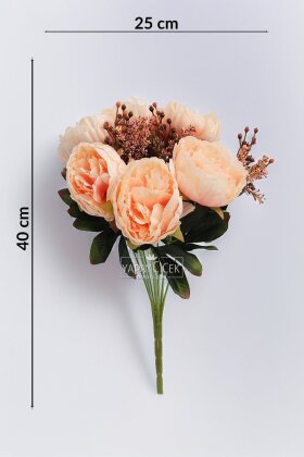 Yapay Çiçek 9lu Garnitürlü Şakayık Gül Demeti 40 cm Somon - 3