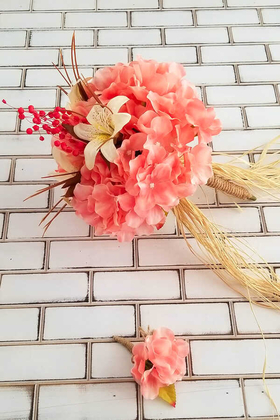 Gelin Buketi Açık Pembe Ortanca Lilyum Kuru Çiçek Şöleni 2li Set - 3