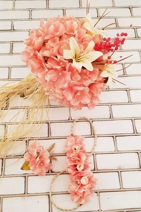Gelin Buketi Açık Pembe Ortanca Lilyum Kuru Çiçek Şöleni 3lü Set - 2