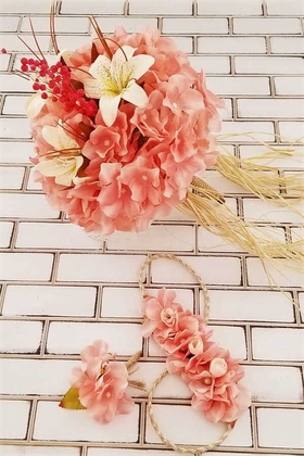 Gelin Buketi Açık Pembe Ortanca Lilyum Kuru Çiçek Şöleni 3lü Set - 3
