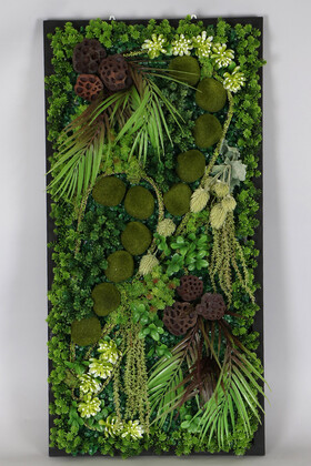 Ahşap Panoda Bitki Duvar Taş Yosun Bahçesi Tablo 50 cm x 100 cm - Yapay Çiçek Deposu