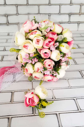 Akalia Gelin Buketi Şakayık Güller Pembe Beyaz Pastel Tonlar 2li Set - 1