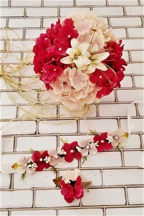 Armonia Lilyum Ortanca Gelin Buketi Fuşya - Pudra 3lü Set - 1