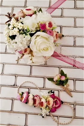Gelin Buketi Asopus Beyaz Gül ve Mor Şakayık 3lü Set - 2