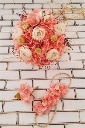 Belen Açık Pembe Ortanca İpek Güller Çilek Şöleni Gelin Buketi 3lü Set - 1