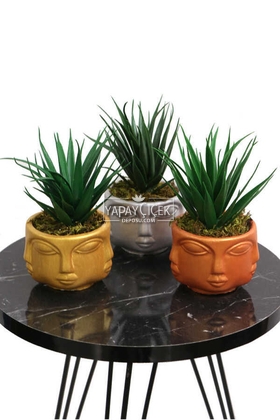 Yapay Sukulent Kaktüs Beton Buda Saksıda 3lü Set (Altın-Gümüş-Bakır) Succulent - Yapay Çiçek Deposu