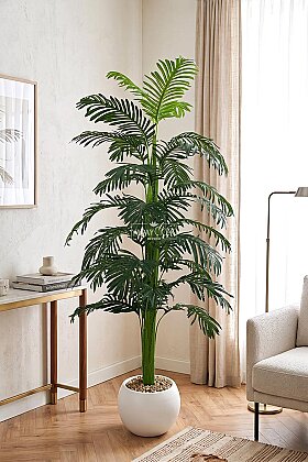 Beyaz Küre Saksıda Yapay Ağaç 30 Yapraklı Areka Palmiyesi 150 cm - Yapay Çiçek Deposu
