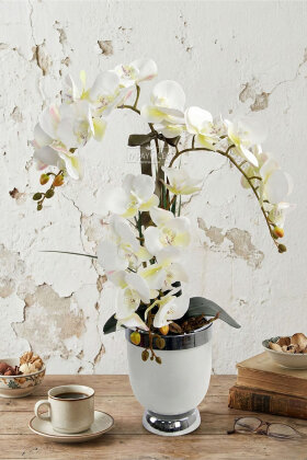 Metal Beyaz-Gümüş Saksıda 3'lü Orkide 65 cm Beyaz - Yapay Çiçek Deposu