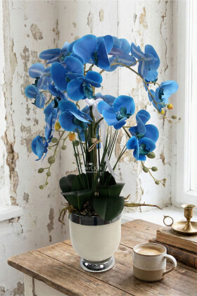 Metal Beyaz-Gümüş Saksıda Lüx 6lı Orkide 65 cm Mavi - Yapay Çiçek Deposu