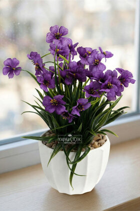 Beyaz Saksıda Safir Damarlı Tanzim 27 cm Mor - Yapay Çiçek Deposu