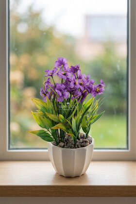 Beyaz Saksıda Safir Damarlı Tanzim 27 cm Mor - Yapay Çiçek Deposu