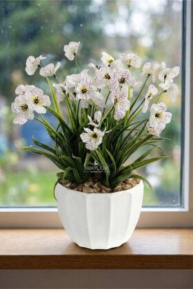 Beyaz Saksıda Safir Damarlı Tanzimi 28 cm Beyaz - Yapay Çiçek Deposu