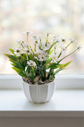 Beyaz Saksıda Safir Damarlı Tanzimi 28 cm Beyaz - Yapay Çiçek Deposu