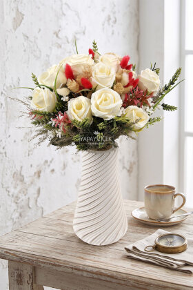 Beyaz Sarmal Vazoda Lumina Gül Tanzimi 40 cm - Yapay Çiçek Deposu