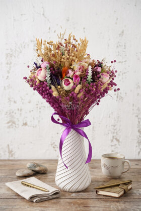 Beyaz Sarmal Vazoda Rustik Şafak Çiçekleri Tanzim 50 cm - Yapay Çiçek Deposu