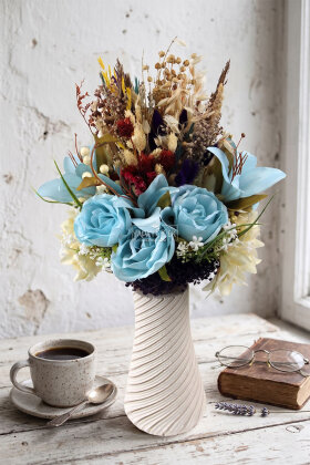 Beyaz Sarmal Vazoda Safir Güz Tanzimi 50 cm - Yapay Çiçek Deposu