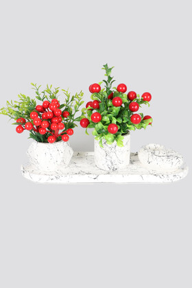 Mermer Desenli Tepsili Yapay Kuru Çiçek Tanzimi 3lü Set Model 5 - 2