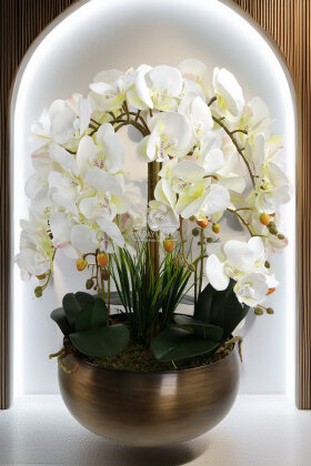 Metal Bronz Saksıda Lüx 10lu Orkide Beyaz - Yapay Çiçek Deposu