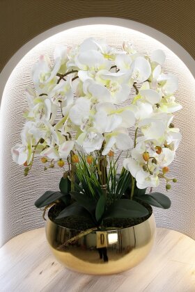 Metal Mat Gold Saksıda Lüx 10lu Orkide Beyaz - Yapay Çiçek Deposu