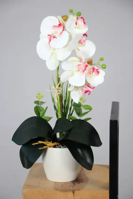 Dekoratif 2li Mini Yapay Islak Orkide Tanzimi Beyaz-Pembe 45 cm - Yapay Çiçek Deposu