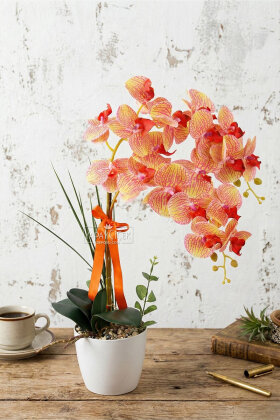 Dekoratif 2li Nismo Yapay Islak Orkide Tanzimi Somon-Pembe Çizgili 65 cm - Yapay Çiçek Deposu