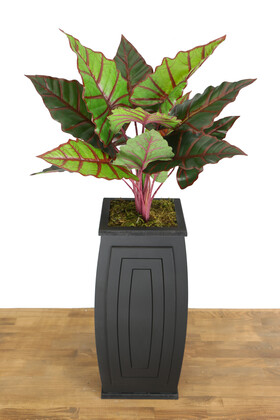 Yapay Alocasia Bitkisi Ahşap Saksıda 120 cm Yeşil-Kızıl - 1