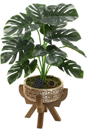 Ahşap Ayaklı Beton Saksida Yapay Monstera Bitkisi 44 cm(Kahverengi Saksı) - Yapay Çiçek Deposu