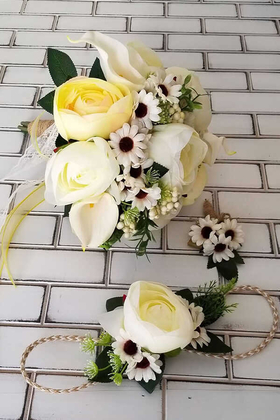 Gelin Buketi Dios Beyaz Gül Sarı Şakayık va Papatyalar Kokteyli 3lü Set - 1