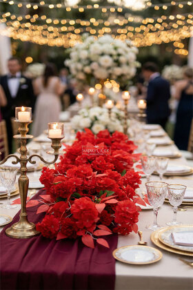 Düğün Nişan Söz Masa Çiçeği Hazır Tag Çiçeği Pastel Serisi 120 cm x 50 cm Kırmızı - Yapay Çiçek Deposu