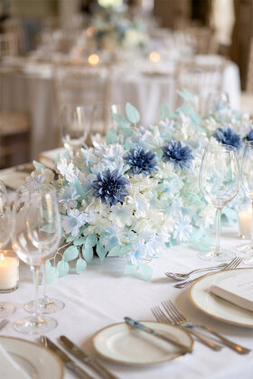 Düğün Nişan Söz Masa Çiçeği Hazır Tag Çiçeği Pastel Serisi 120 cm x 50 cm Mavi-Beyaz - Yapay Çiçek Deposu