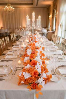 Düğün Nişan Söz Masa Çiçeği Hazır Tag Çiçeği Pastel Serisi 120 cm x 50 cm Turuncu-Beyaz - Yapay Çiçek Deposu