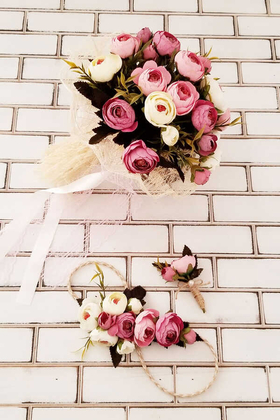 Gelin Çiçeği Annabel 3lü Set (Gelin Buketi, Gelin Tacı, Yaka Çiçeği) - 3