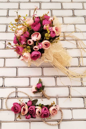 Gelin Çiçeği Athene 3lü Set (Gelin Buketi, Gelin Tacı, Yaka Çiçeği) - 3