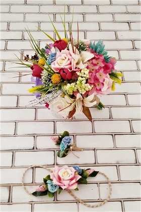 Gelin Çiçeği Berisa 3lü Set (Gelin Buketi, Gelin Tacı, Yaka Çiçeği) - 2