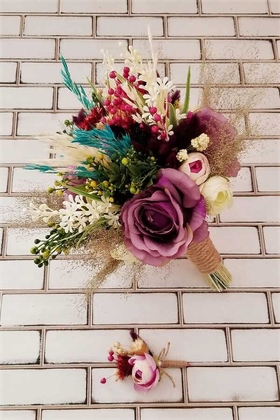 Gelin Buketi Lavia Mor Güller ve Kuru Çiçek Şöleni 2li Set - 2