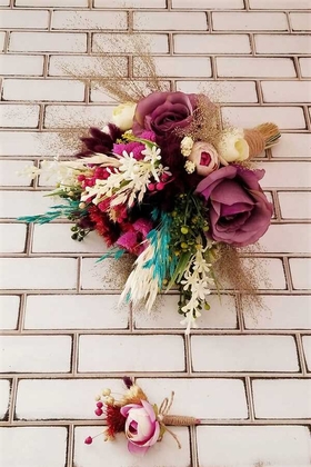 Gelin Buketi Lavia Mor Güller ve Kuru Çiçek Şöleni 2li Set - 3