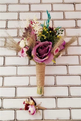 Gelin Buketi Lavia Mor Güller ve Kuru Çiçek Şöleni 2li Set - 5