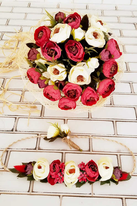 Gelin Buketi Menefer Bordo - Beyaz Şakayıklar 3lü Set - 1