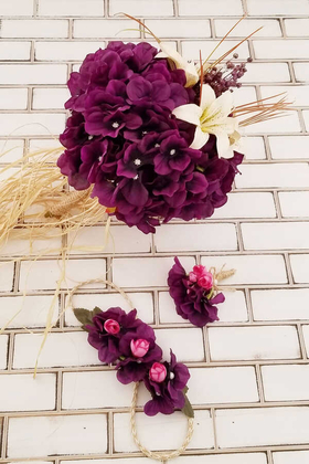 Gelin Buketi Mor Ortanca Lilyum Kuru Çiçek Şöleni 3lü Set - 2