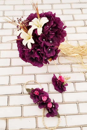 Gelin Buketi Mor Ortanca Lilyum Kuru Çiçek Şöleni 3lü Set - 3