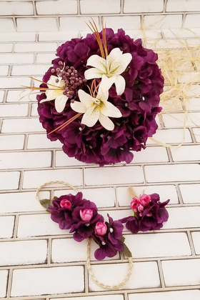 Gelin Buketi Mor Ortanca Lilyum Kuru Çiçek Şöleni 3lü Set - 4