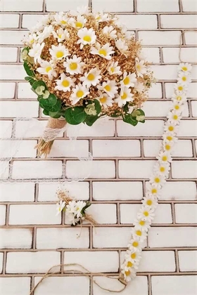 Papatya Kuru Çiçek Şöleni Sonora Bej Sarı Gelin Buketi 3lü Set - 2