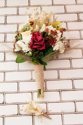Gelin Buketi Rimo Pastel Tonlar Gül ve Kuru Çiçek Karnavalı Bordolu 2li Set - 7