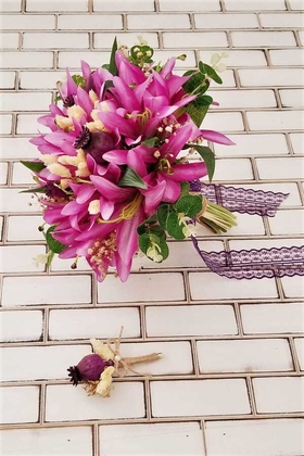 Açık Mor Lilyum Şöleni Gelin Buketi Tiara 2li Set - 2