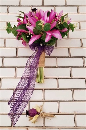 Açık Mor Lilyum Şöleni Gelin Buketi Tiara 2li Set - 4